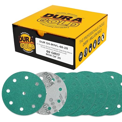 Dura-Gold Premium 60 Grit 5" Green Film Sanding Discs, 9-Hole Pattern, Box of 25 by Dura-Gold
