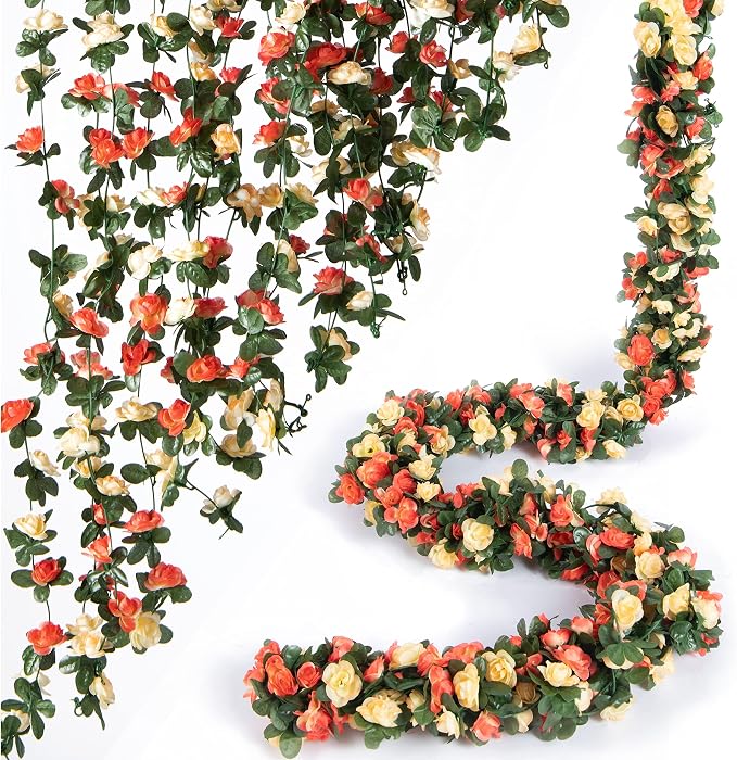 8Pcs x 8.2FT Artificial Flower Garland Rose Vine Decor, Champagne Flower | by PONKING