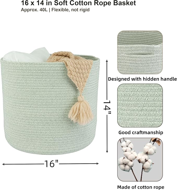 XUANGUO Cotton Rope Baskets For Girls Boys Kids 16”X14” Light Green | Baby - Image 2