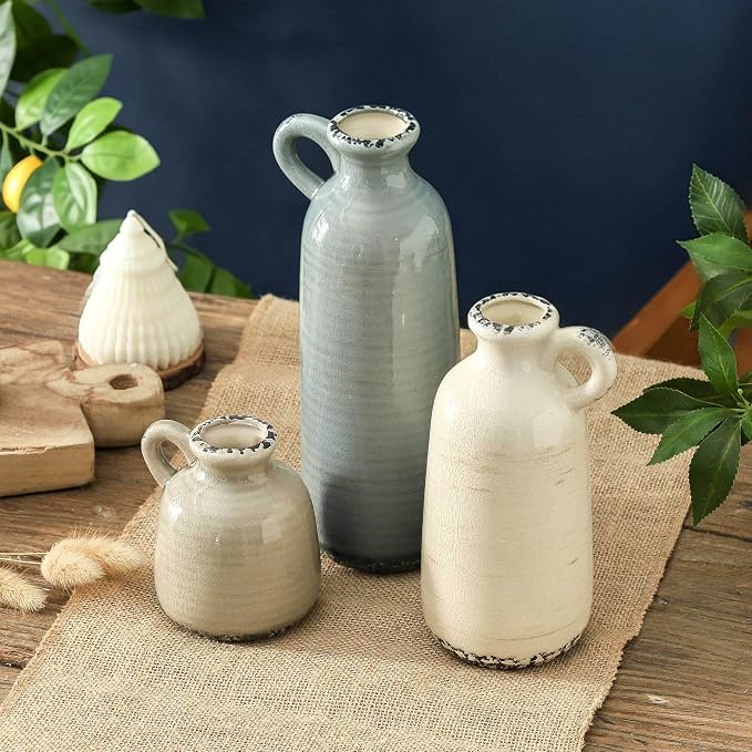 Ceramic Vases Set of 3, Neutral Rustic Farmhouse Vase - Image 7