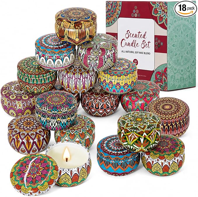 Scented Candles Gift Set, 18 Pack Soy Wax Blend Candles, 70 g Decorative Metal by LKDJR
