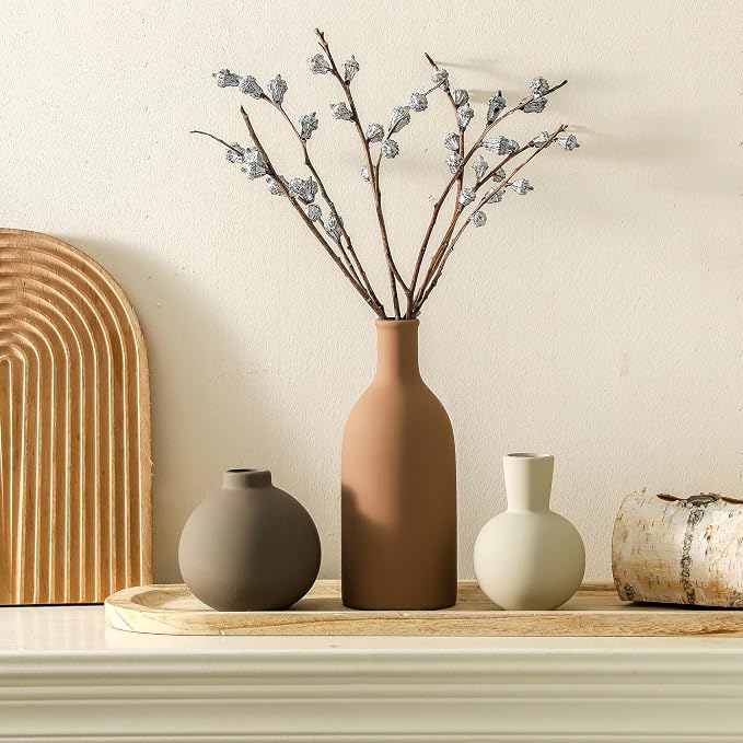 Vase Set of 3 | Ceramic Neutral Vases Home Decor | Rustic Flower Pottery Vases - Image 6