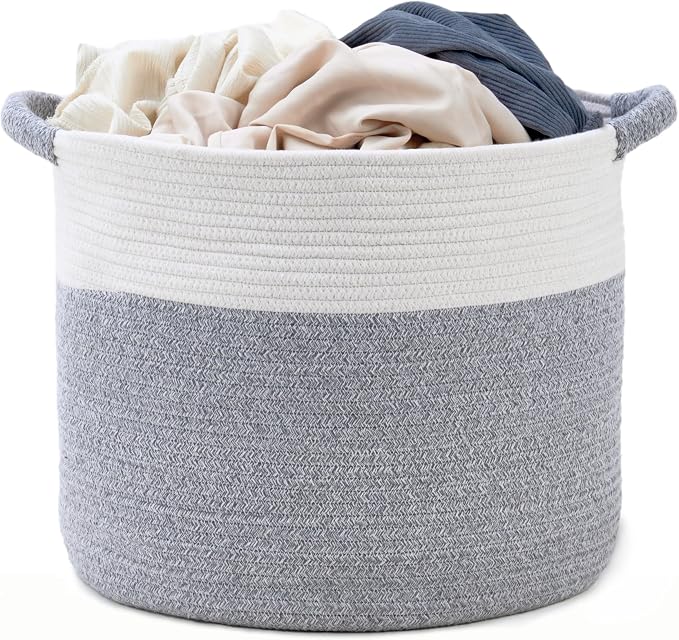 Blanket Basket for Living Room, Woven Rope Storage Basket | 16"D x 14"H | White by KODOMOORE