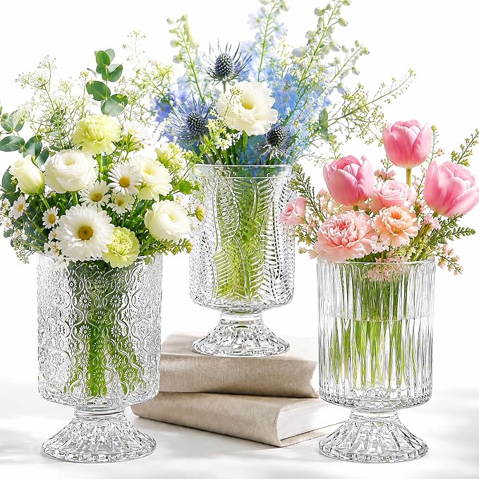 Pumtus 3 Pack Flower Vases for Centerpieces, Vintage Glass Pedestal Vase Set by Pumtus