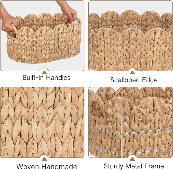 iEGrow Scalloped Wicker Basket, Water Hyacinth Storage Oval Cute Baby Baskets - Image 5