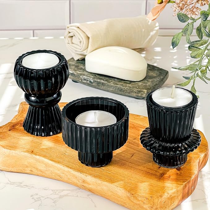 Kate Aspen Vintage Ribbed Glass Black Candlestick Holders, Pillar Candle - Image 3