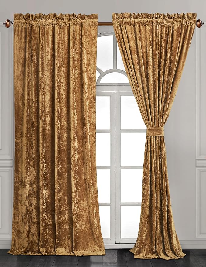 Chezmoi Collection Lux Caramel Gold Crushed Velvet Curtains 2 Panel Set - Image 2