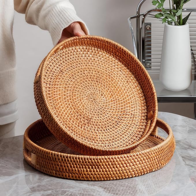 16.9" Round Rattan Tray, Hand Woven Serving Tray - Image 6