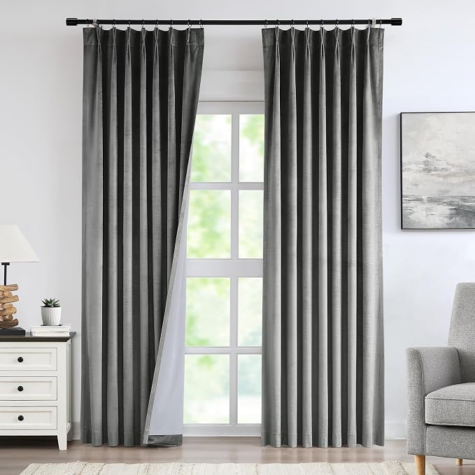 Vision Home Pewter Gray Velvet Pinch Pleated Blackout Curtains 40Wx84L Inch | 2 by VisionHome