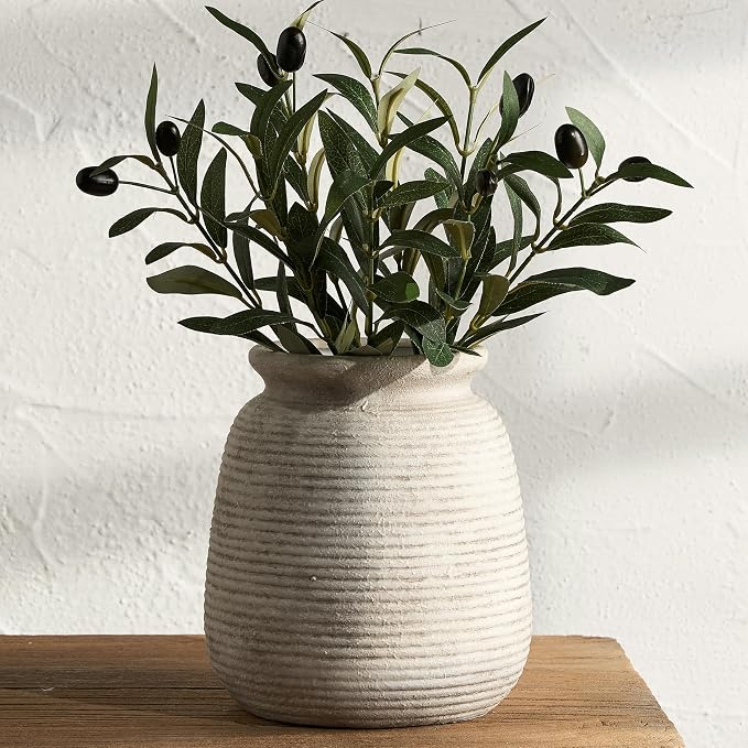 Ceramic Flower Vase, Rustic Farmhouse Decorative Vase Pottery Wide-Mouth Vases by ooit