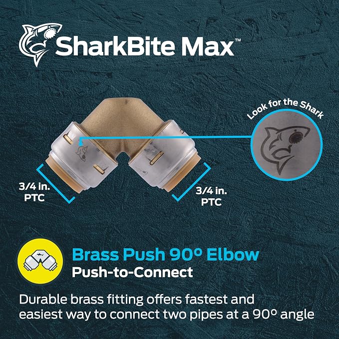 SharkBite Max 3/4 Inch 90 Degree Elbow, Push to Connect Brass Plumbing Fitting - Image 2