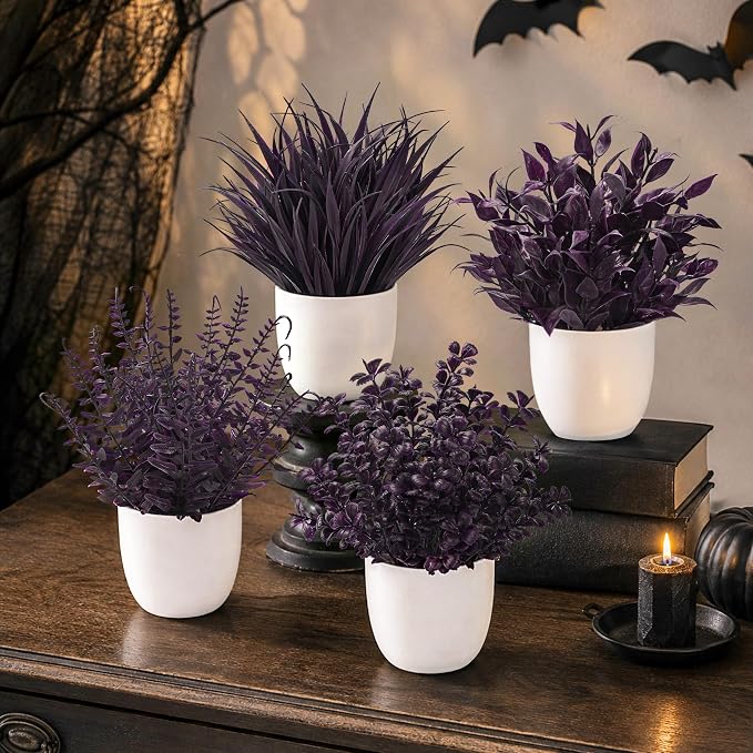 Der Rose 4 Pack Purple Artificial Plants in Pots, Halloween Fall Decor | - Image 4