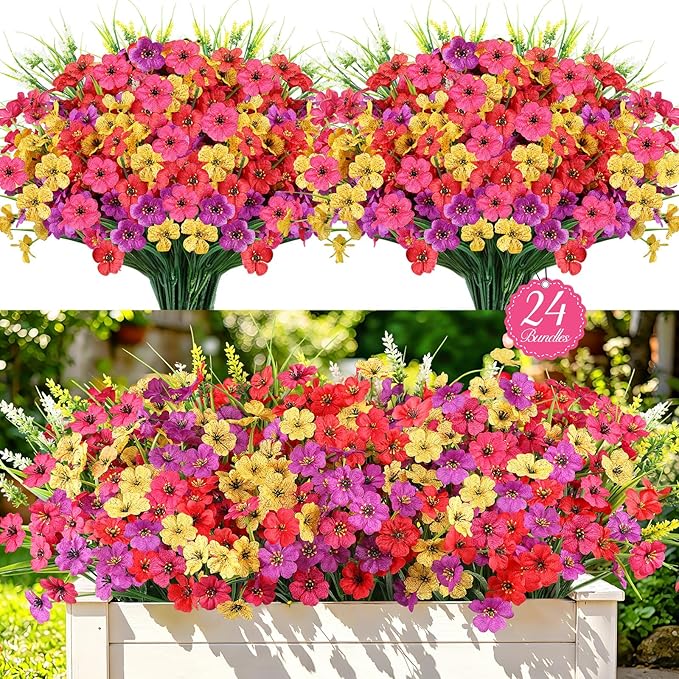 24PCS Fake Flowers Outdoor, UV Resistant Artificial Silk Flowers | Realistic by AmberFun