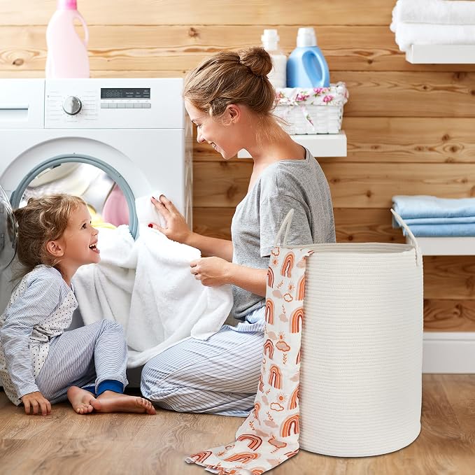 XUANGUO White Cotton Rope Laundry Basket Hamper - Image 4