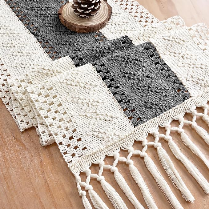 Boho Table Runner with Tassels for Home Decor 12x72 Inches Grey | 72 Inches - Image 3