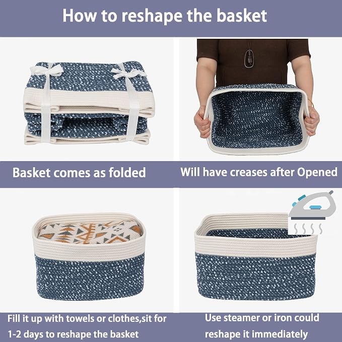XUANGUO Woven Cotton Rope Storage Baskets 15x10x9.3" 3 Pack White and Blue | - Image 7