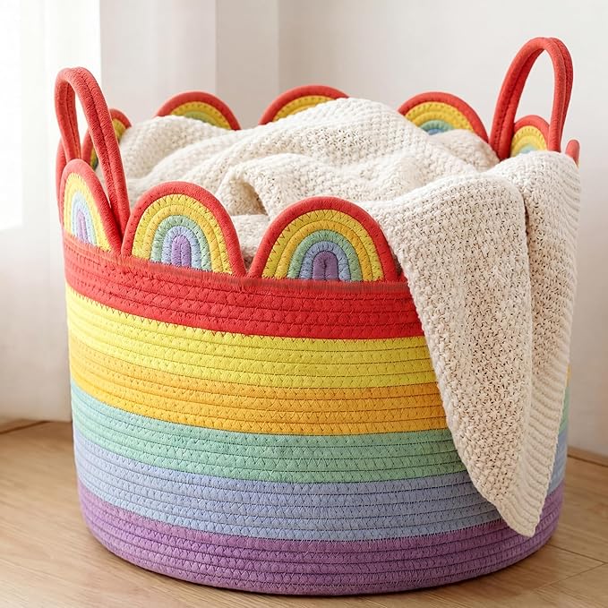 LemonRoad Round Woven Basket Bright Rainbow, Cotton Rope Scalloped Edge Tassels by Unknown