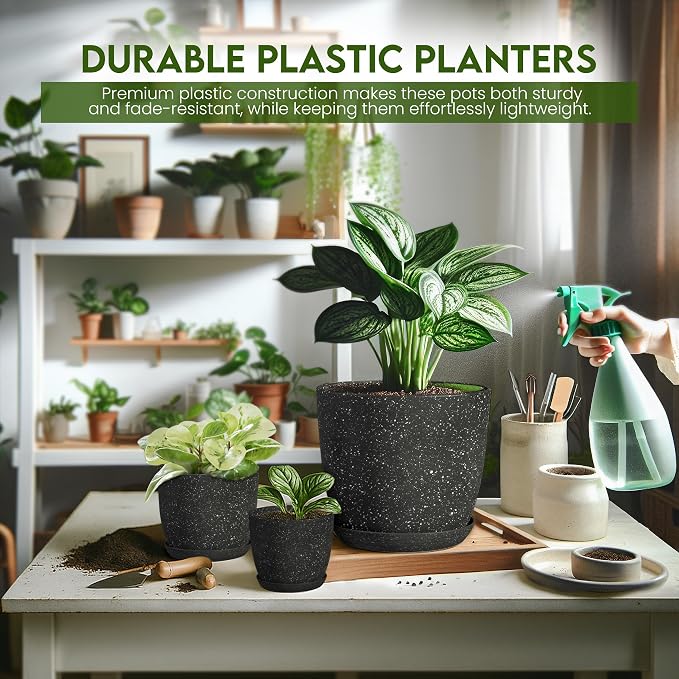 Plant Pots Indoor with Drainage 10 Pack Multi-Size Planters Spotty Black | - Image 6