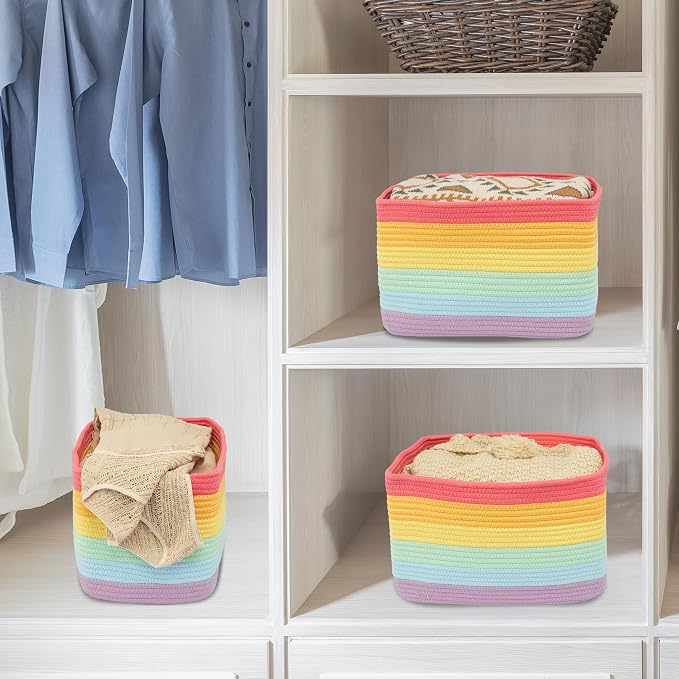XUANGUO Woven Cotton Rope Storage Baskets 15x10x9.3" 3 Pack Rainbow | Colorful - Image 4