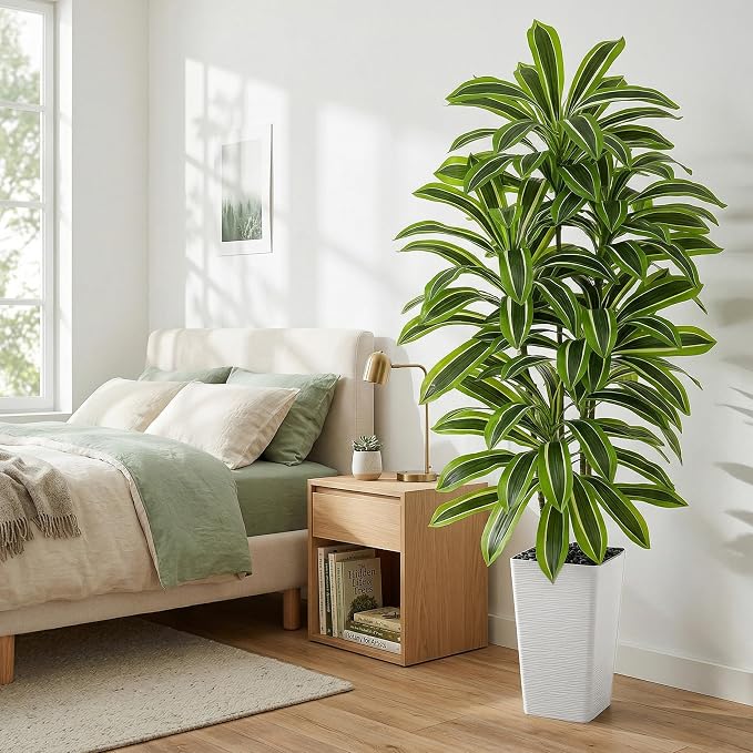 Artificial Dracaena Tree: 5FT Fake Plants Silk Faux Trees（White Pot） | - Image 10