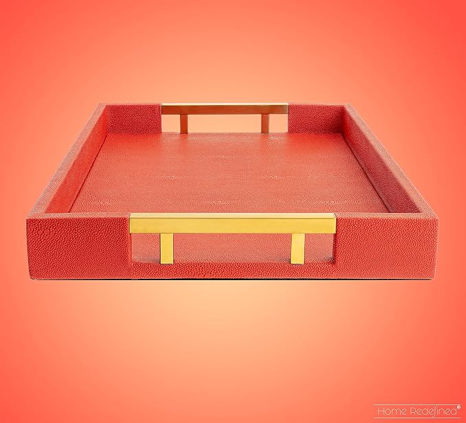 Modern Elegant 17.5"x12" Rectangle Red Shagreen Faux Leather Decorative Tray - Image 4