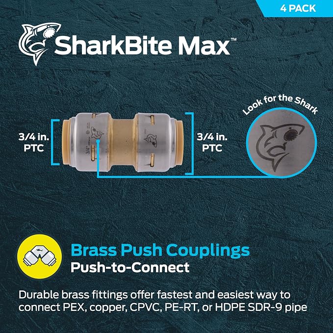 SharkBite Max 3/4 Inch Coupling, Push to Connect Brass Plumbing Fitting - Image 2