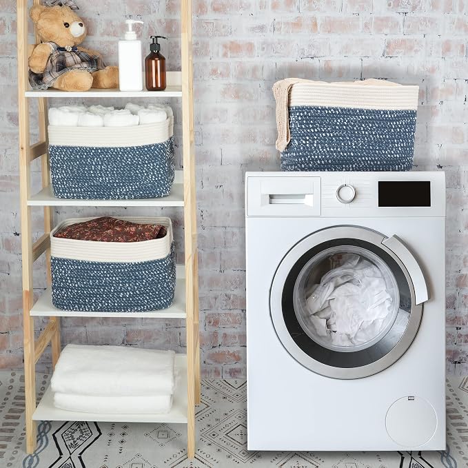 XUANGUO Woven Cotton Rope Storage Baskets 15x10x9.3" 3 Pack White and Blue | - Image 6