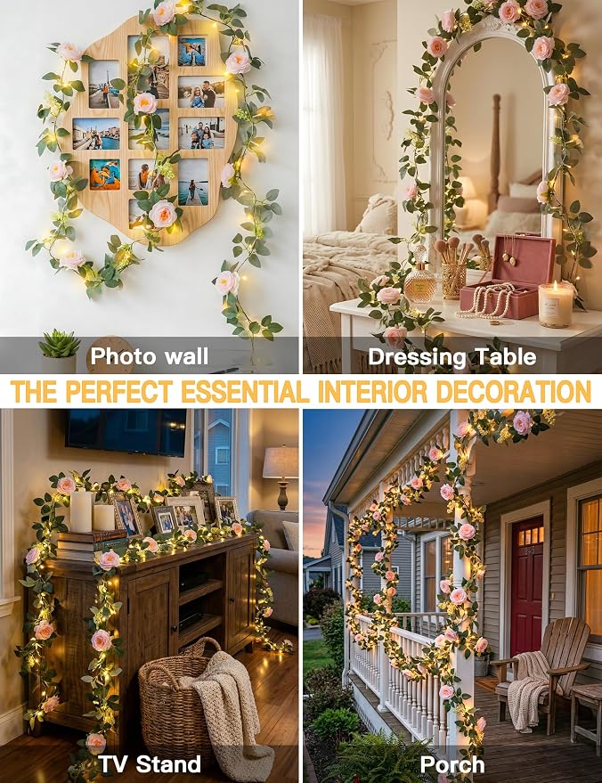 60LED Garland with Pink Camellia Lights Battery Operated Clear Wire | Vines - Image 3