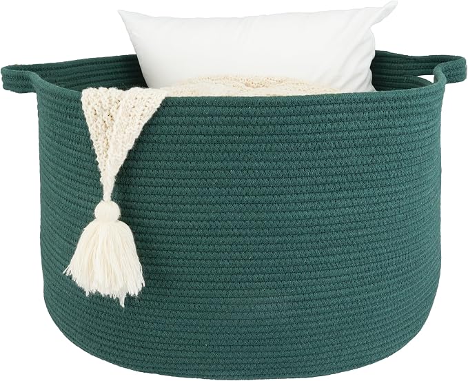 XUANGUO Extra Large Cotton Rope Round Storage Basket 22" x 14" Dark Green | by XUANGUO