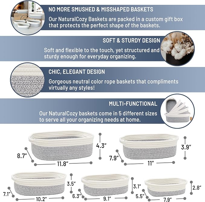 NaturalCozy 5-Piece Rectangle Storage Basket Set- Natural Cotton Rope Woven - Image 2