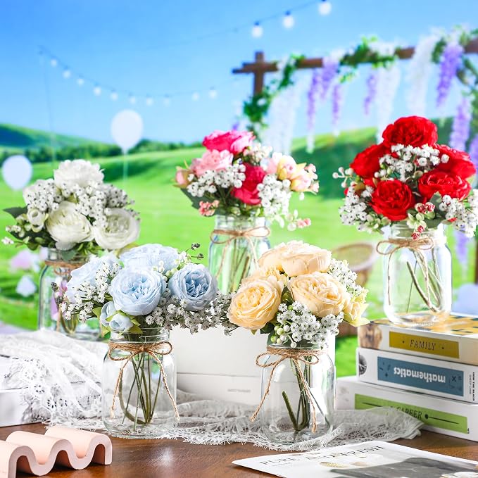 6 Sets Mason Jar Flowers Centerpiece Table Decorations, Artificial Peony Baby's - Image 7