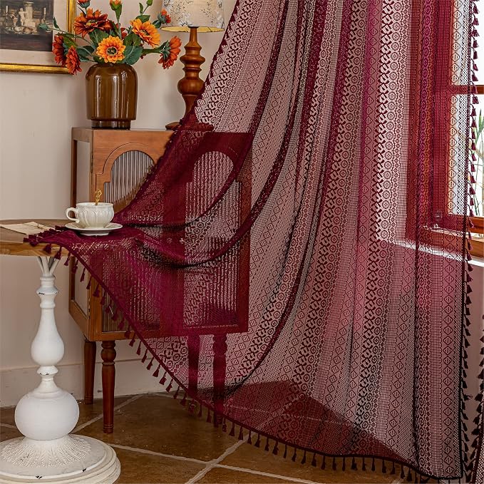 Sutuo Home Burgundy Boho Lace Curtains 72 inch Lengh - Image 9