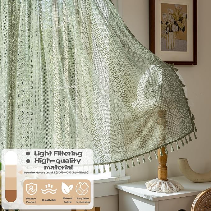 Sutuo Home Sage Green Sheer Boho Kitchen Curtains 2 Panels 54 inches Long | - Image 3