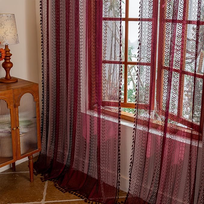 Sutuo Home Burgundy Boho Sheer Curtains 84 inches Long 2 Panels by SutuoHome