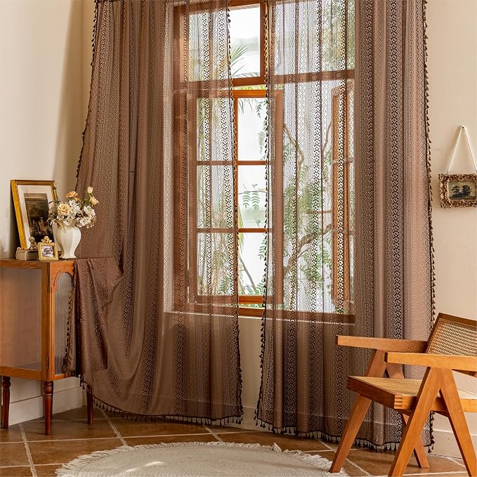 Sutuo Home Caramel Boho Curtains 2 Panels, Sheer Lace Curtains 90 Inches Long - Image 8
