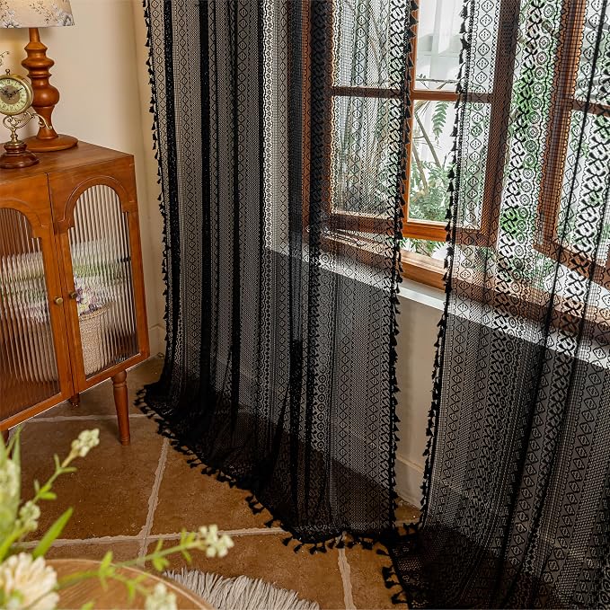 Sutuo Home Black Boho Sheer Curtains 84 inches Long by SutuoHome