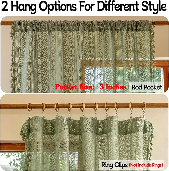Sutuo Home Sage Green Boho Lace Sheer Curtains 84 Inches Long - Image 5