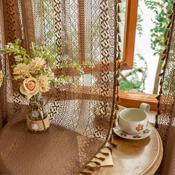 Sutuo Home Dark Coffee Boho Lace Curtains 72 inches Long - Image 6