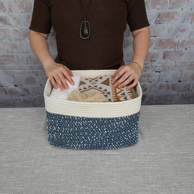 XUANGUO Woven Cotton Rope Storage Baskets 15x10x9.3" 3 Pack White and Blue | - Image 3