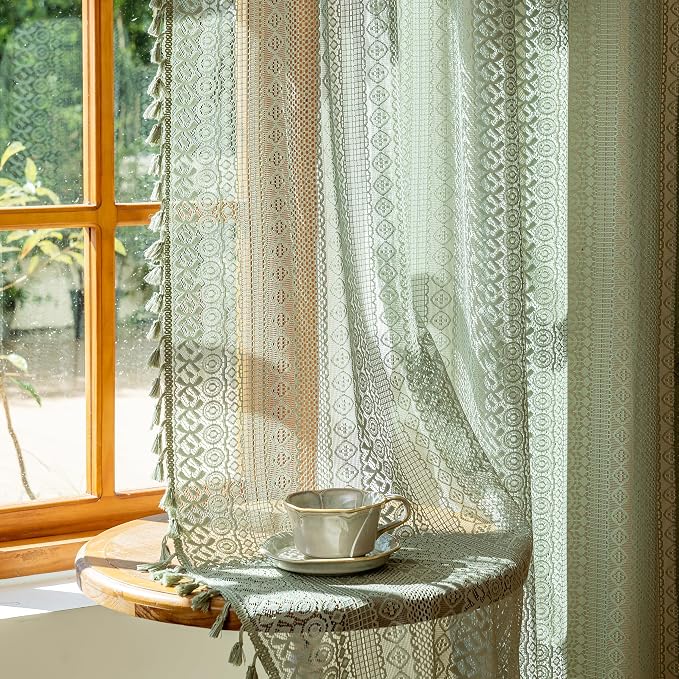 Sutuo Home Sage Green Boho Lace Sheer Curtains 84 Inches Long by SutuoHome