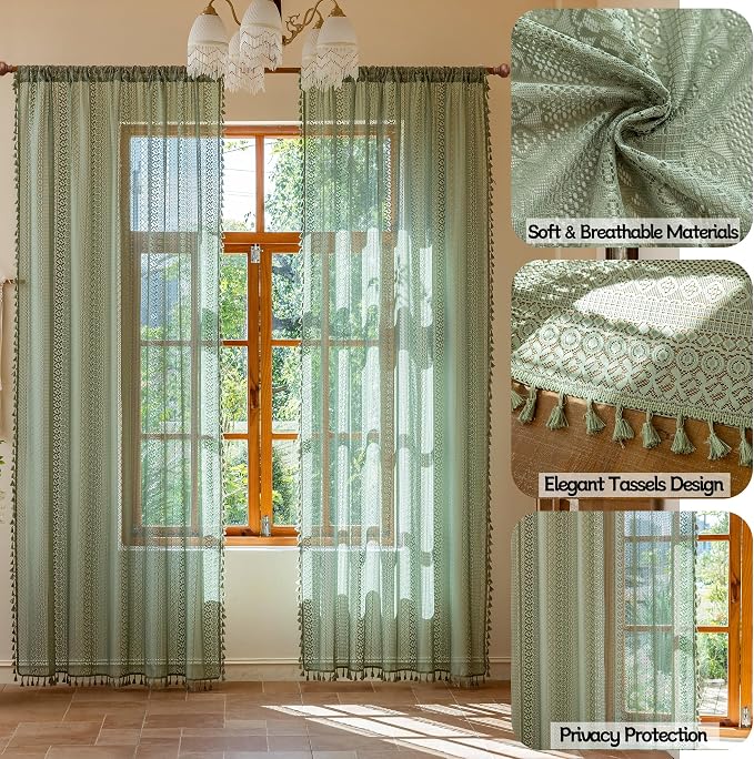 Sutuo Home Sage Green Boho Lace Sheer Curtains 84 Inches Long - Image 3