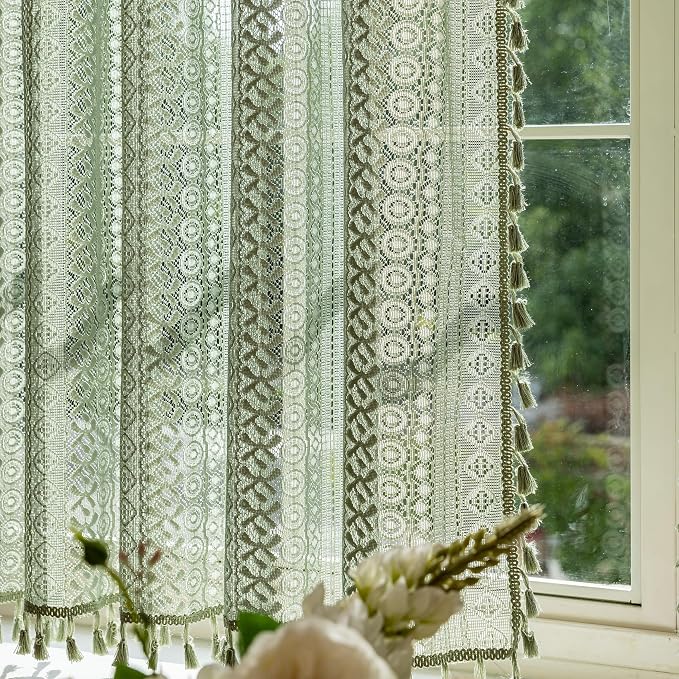 Sutuo Home Sage Green Sheer Boho Kitchen Curtains 2 Panels 54 inches Long | - Image 7
