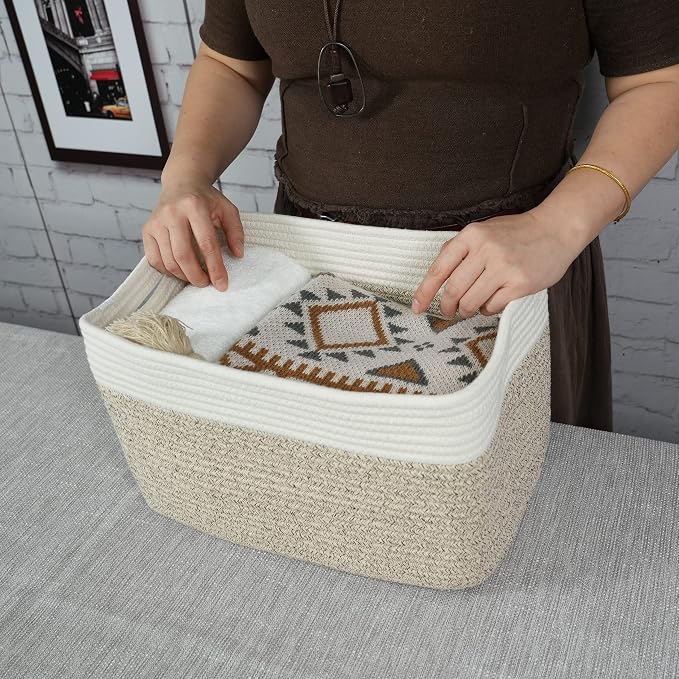 XUANGUO Woven Cotton Rope Storage Baskets 15x10x9.3" 3 Pack White and Brown | - Image 3