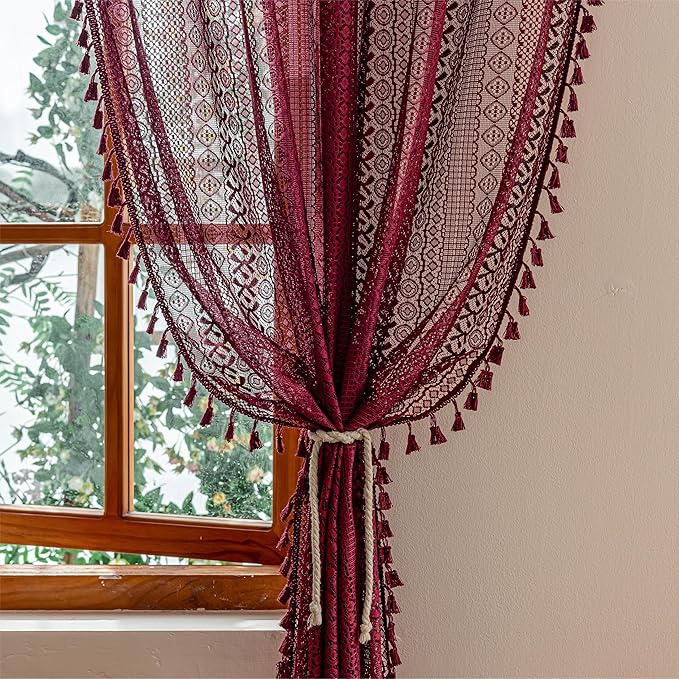 Sutuo Home Burgundy Boho Lace Curtains 72 inch Lengh - Image 4