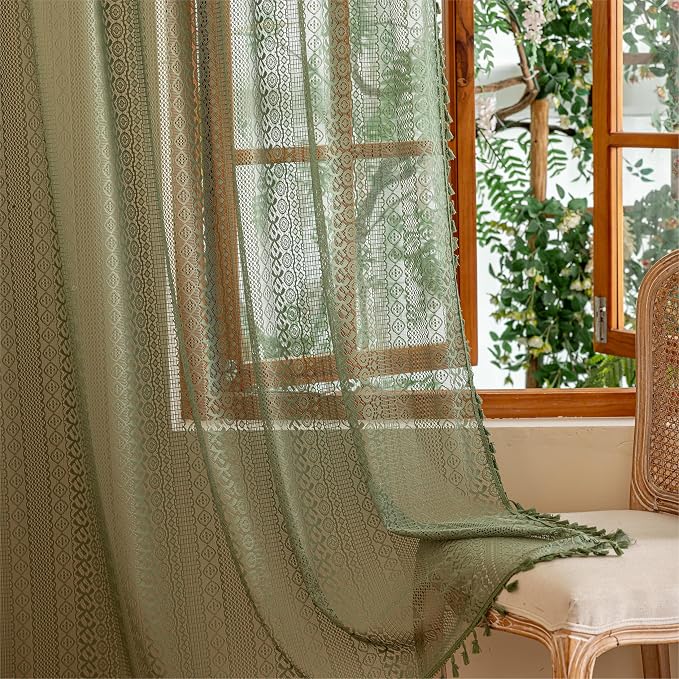 Sutuo Home Olive Green Boho Sheer Curtains 72 Inches Long by SutuoHome
