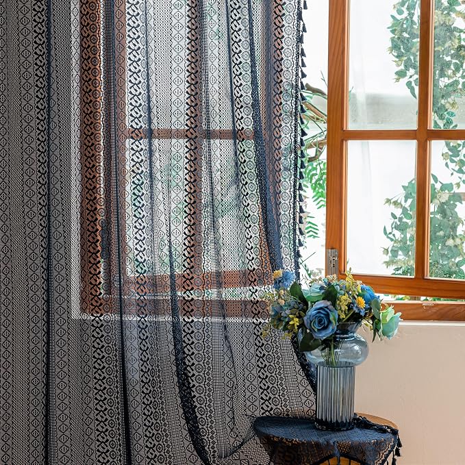 Sutuo Home Navy Blue Boho Sheer Curtains 72 inches Long by SutuoHome