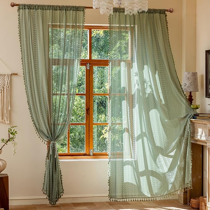 Sutuo Home Sage Green Boho Lace Sheer Curtains 84 Inches Long - Image 7