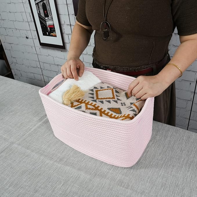 XUANGUO Woven Cotton Rope Storage Baskets 15x10x9.3" 3 Pack Light Pink | - Image 3