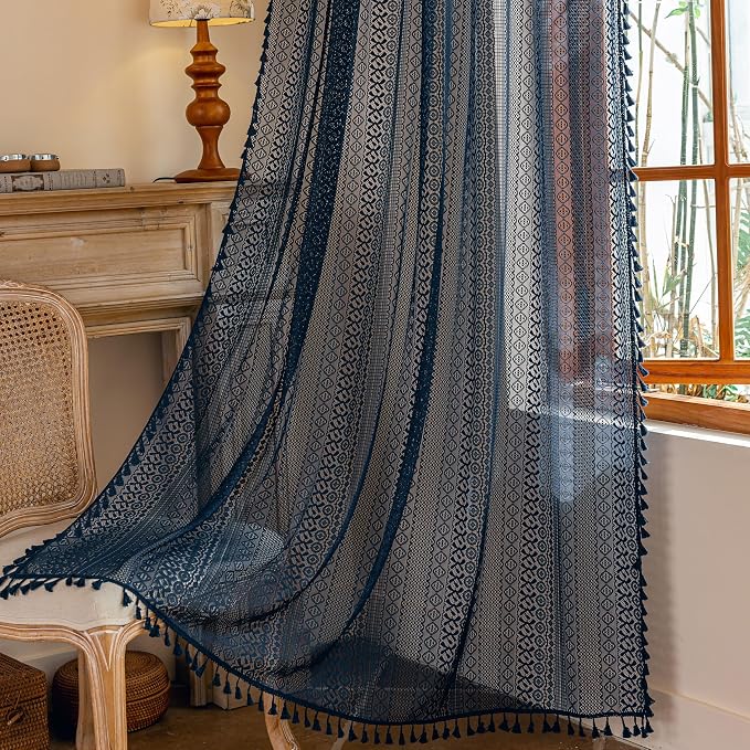 Sutuo Home Navy Blue Boho Sheer Curtains 72 inches Long - Image 9