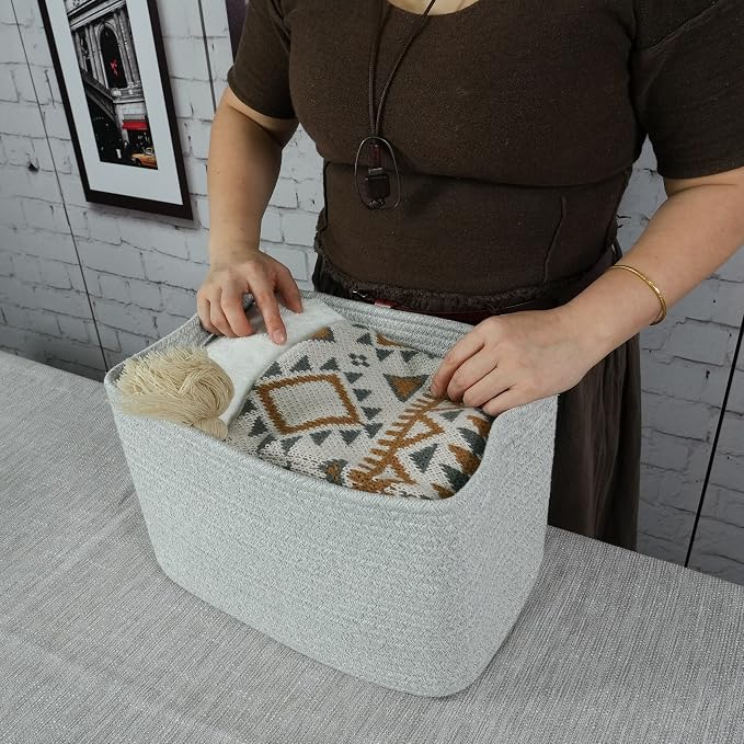 XUANGUO Woven Cotton Rope Storage Baskets 15x10x9.3" 3 Pack Grey | Decorative - Image 3